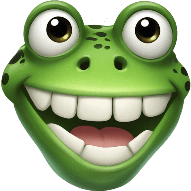 Frog with a wide open smile with teeth and a black hair emoji