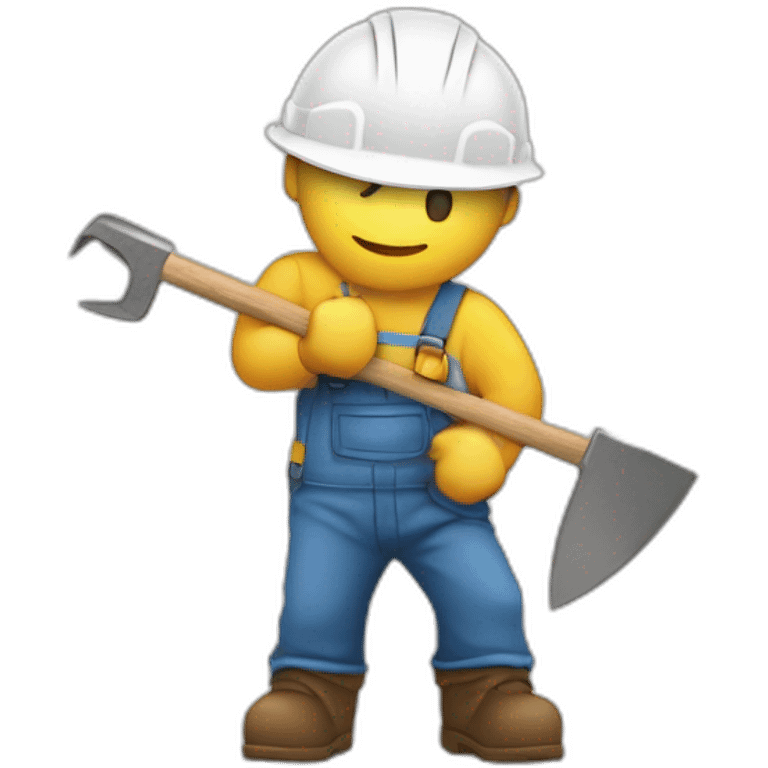 A builder with his cap on and a tool in front of him, near his face emoji