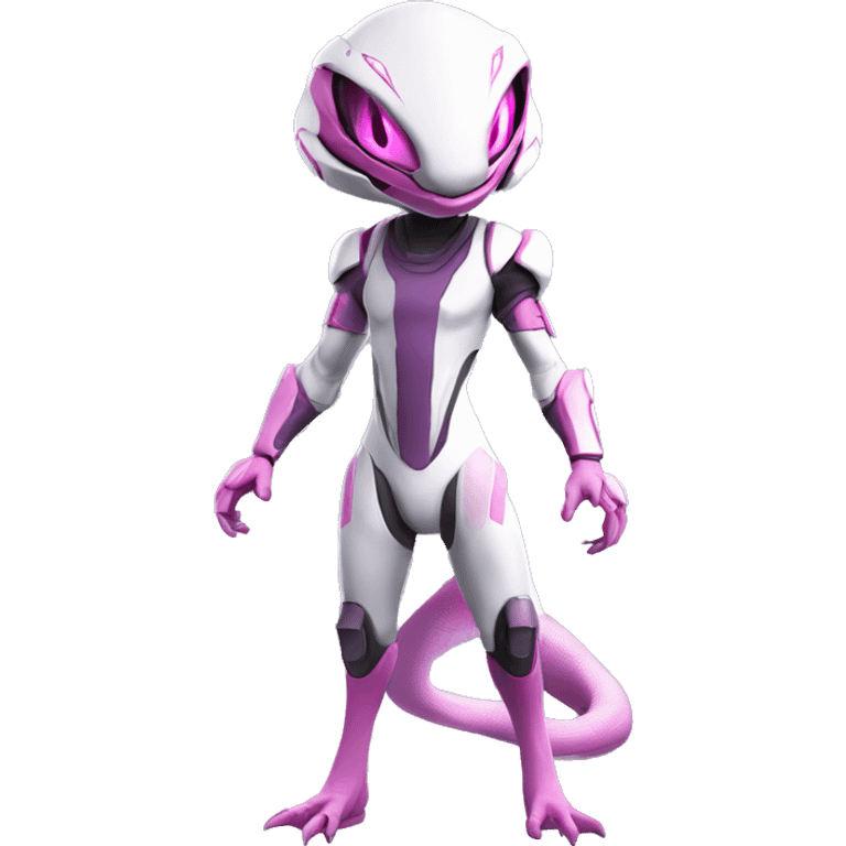 White Anthro-Lizard-Reptile-Alien-Genesect-Mewtwo-Fakémon, with pink eyes, with a futuristic visor-helmet, wearing a techwear-suit, Full Body emoji