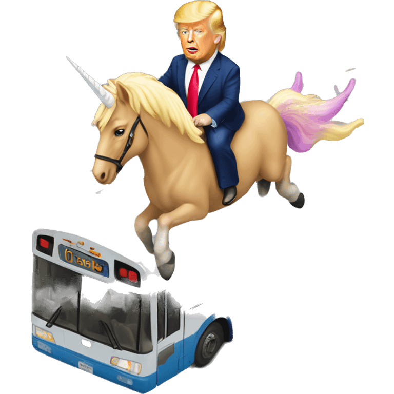 Donald Trump riding a unicorn fly over a bus emoji