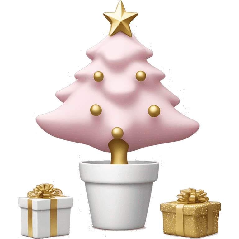 light pink christmas tree with white pot and presents underneath and star and white and gold ornaments emoji