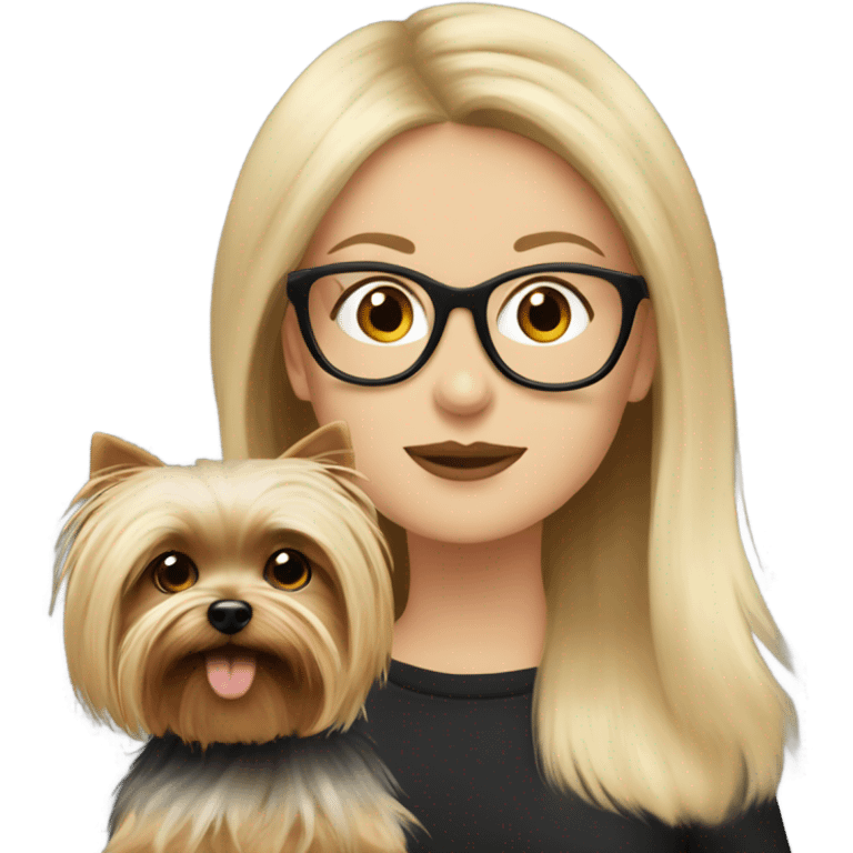 White girl, blonde hair, wearing glasses kisses Yorkshire terrier  emoji