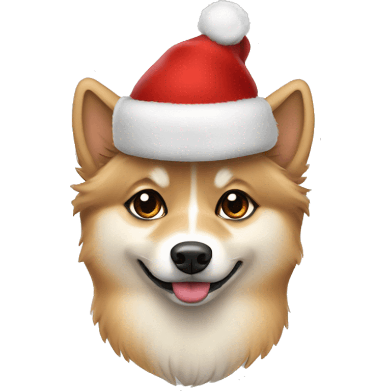 Tan Cute Pomsky dog with Christmas hat emoji