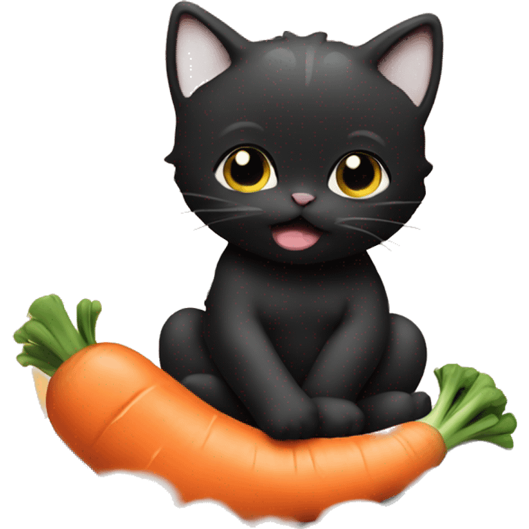 Baby eating a carrot on a cloud at sunset with a black cat emoji