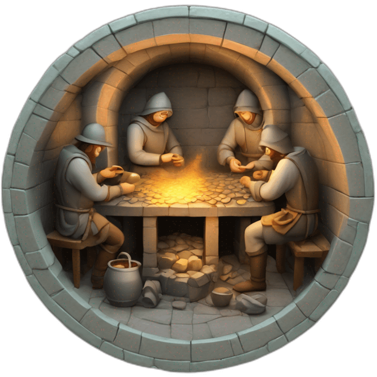 inside of a medieval mint showing different people working creating coins with a furnace emoji