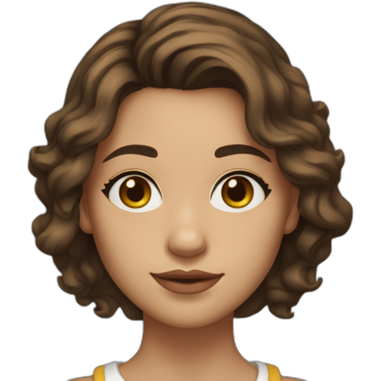 30 year old female, half asian, brown hair, hazel eyes, collar bone length hair, wavy hair with a middle part, little gold earrings emoji