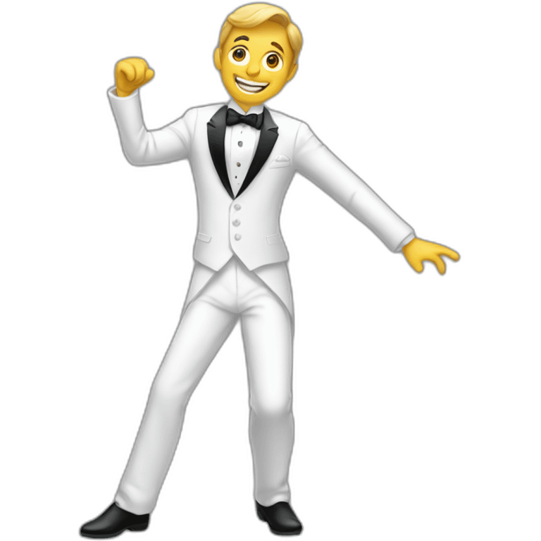 A very short guy dancing in a tuxedo emoji