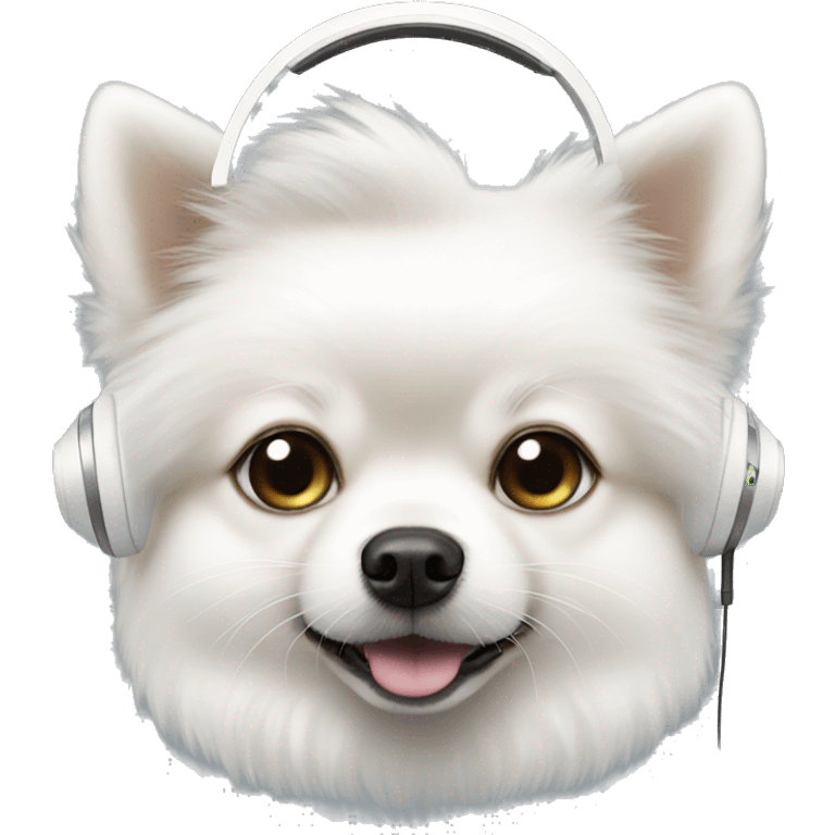 white Pomeranian dog in white headphones emoji