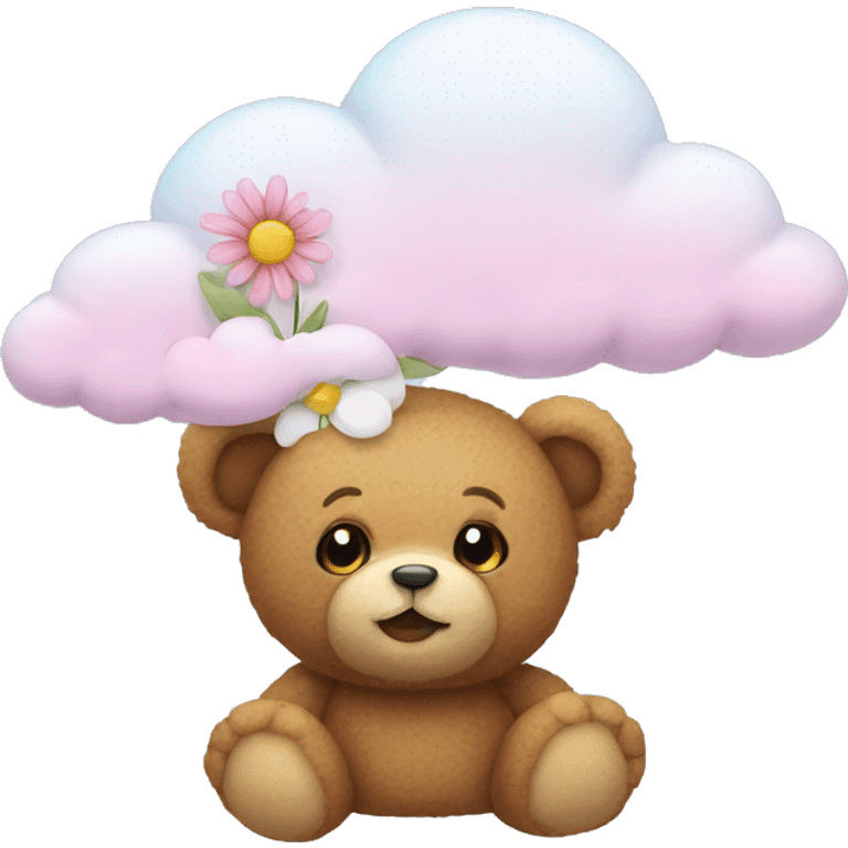 Teddy bear with flower on the ear on the cloud emoji