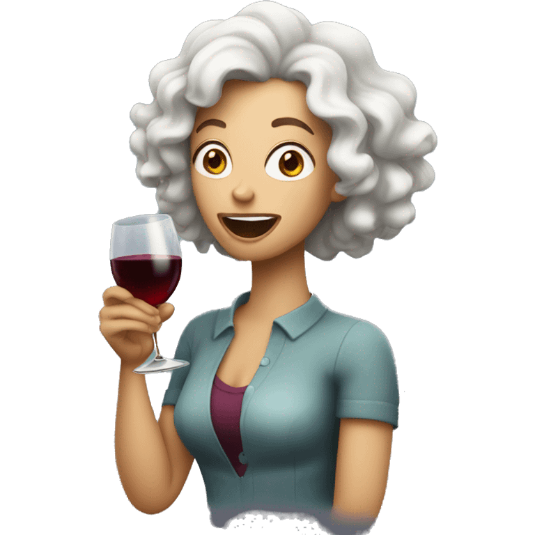 White Woman with curly dark brown hair drinking wine shouting emoji