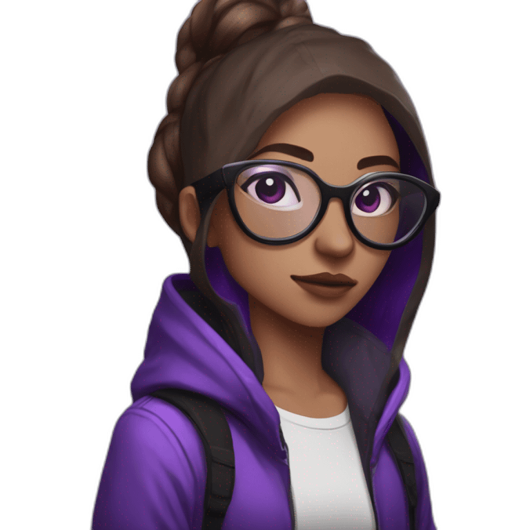 Girl broun artist with round glasses left side behind his laptop with this style: valorant riot Game purple character purple black hooded hacker themed character emoji