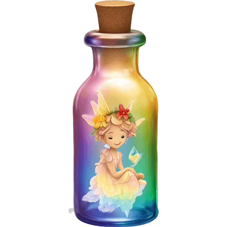 Antique oil bottle made of crystal glass of all gentle colors of the light rainbow, a living flower fairy sits at the bottom of the bottle emoji