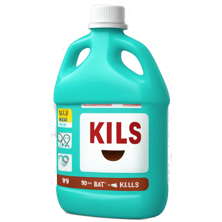 Turquoise Mouthwash bottle with white stickers and brown tap , the white stickers have red letters that say kills 99% of batería  emoji