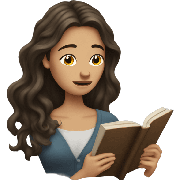 brunette long wavy hair woman crying tears down face while holding and reading book emoji