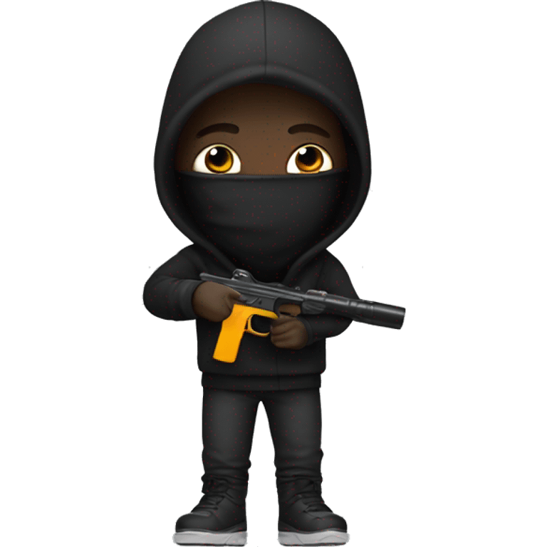 Man with black hoodie and ski mask holding a black water gun emoji