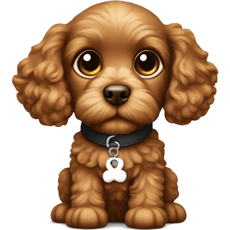 Brown cavapoo puppy with big eyes and bone collar that says sparky emoji