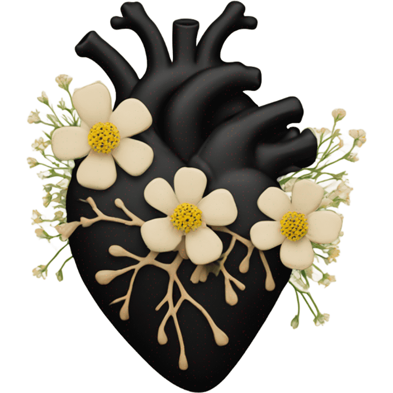 black anatomical heart with beige wildflowers emoji