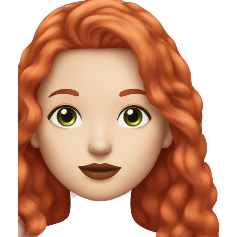 straight long strawberry red hair,red lipstick red,green eyes, white skin and a small nose emoji