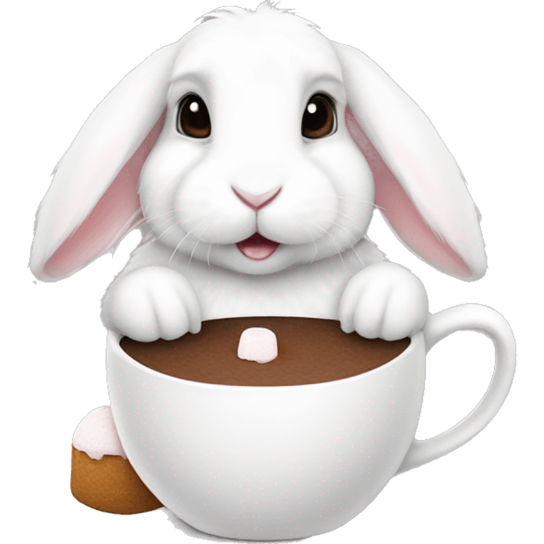 White mini lop rabbit drinking marshmallow hot chocolate from a mug emoji