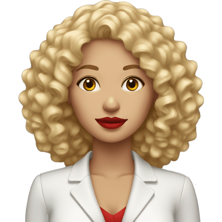 Professional woman with curly blond hair and red lipstick emoji