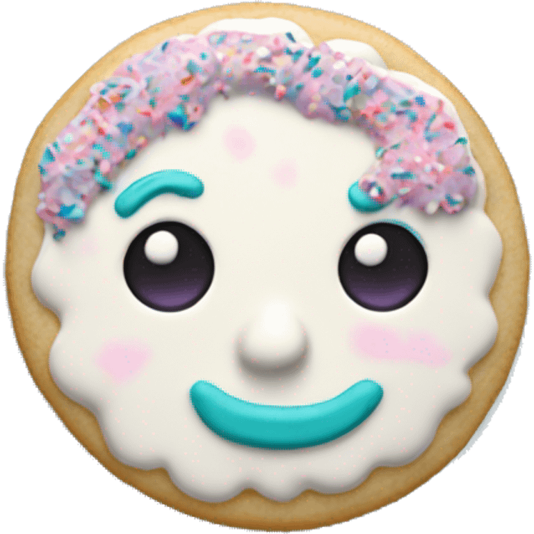 Realistic frosted sugar cookie with white frosting and teal,pink,and purple sprinkles. emoji