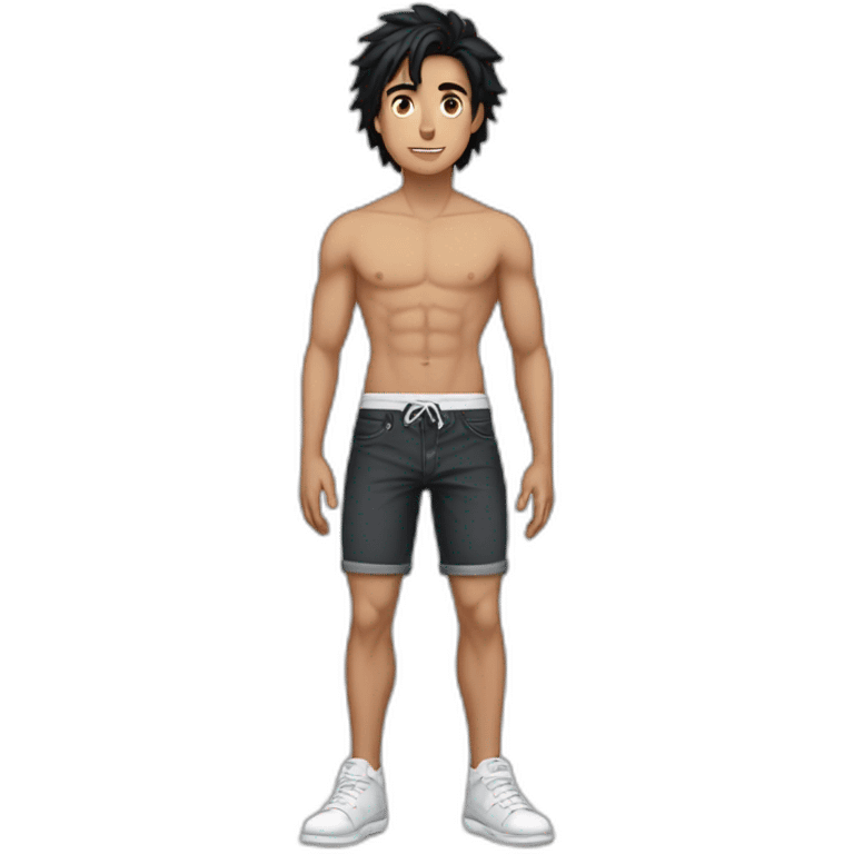 Guy, 20 y.o., black hair, amber eyes, white skin, full body with legs, without shirt, fit, abs emoji