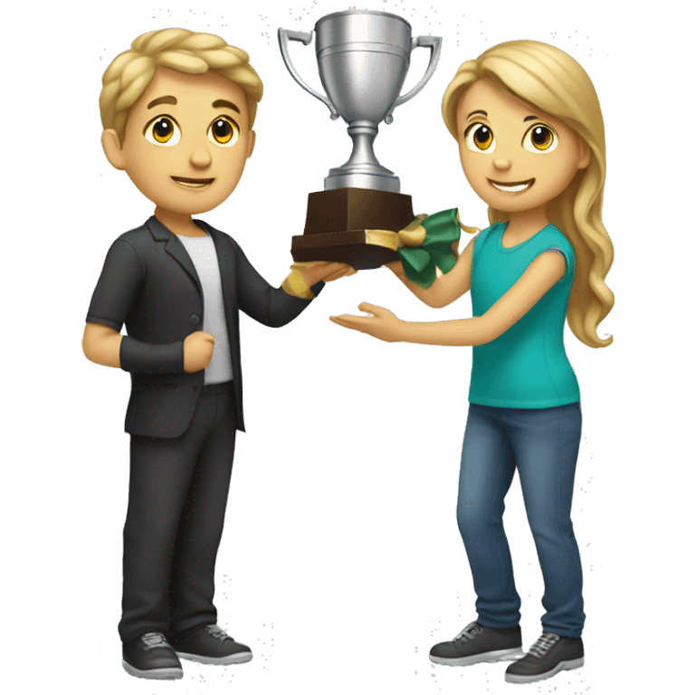 boy and girl holding trophy emoji