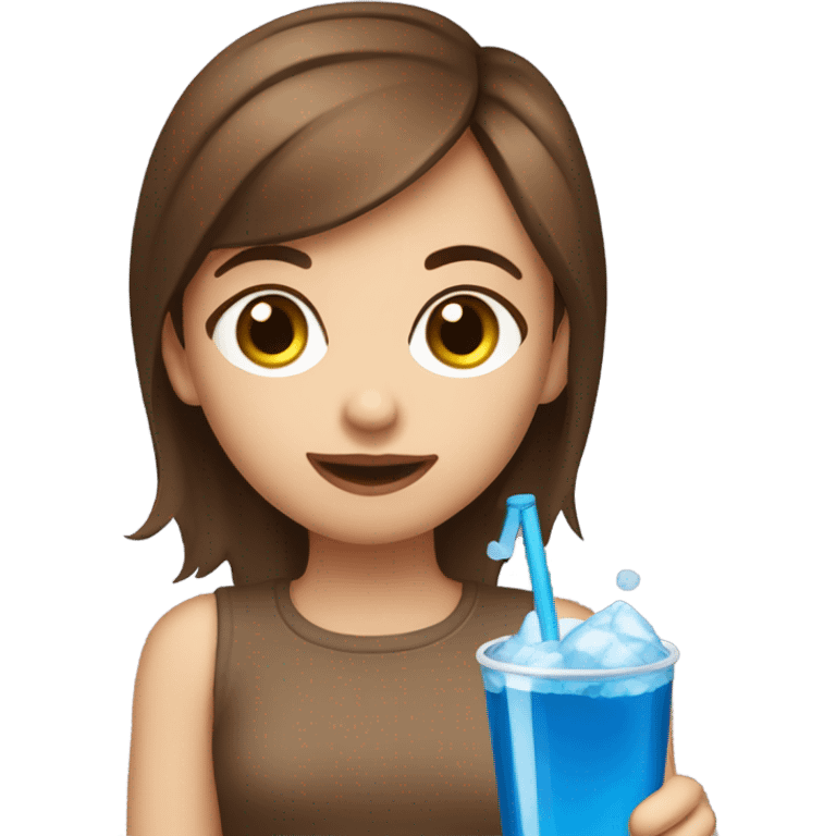 Brown haired browed eyed girl drinking a blue soda emoji