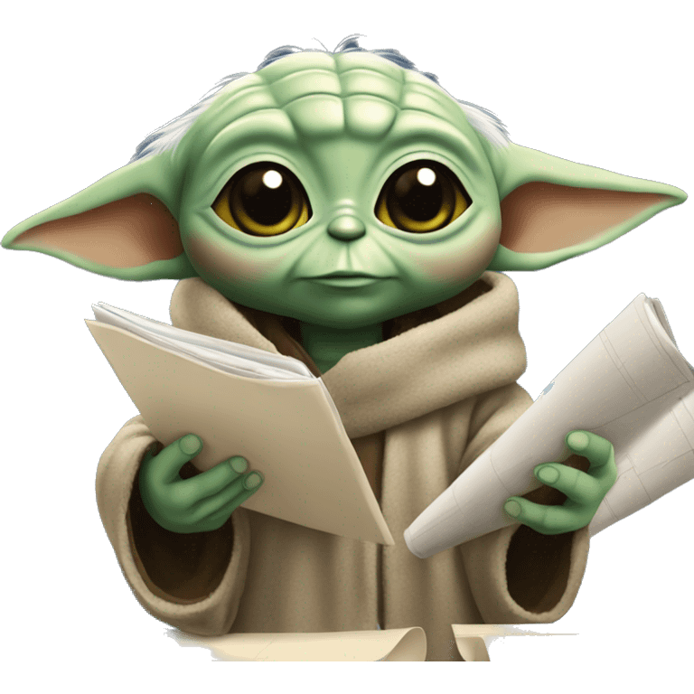 Baby Yoda is holding a smartphone, checking construction plans emoji