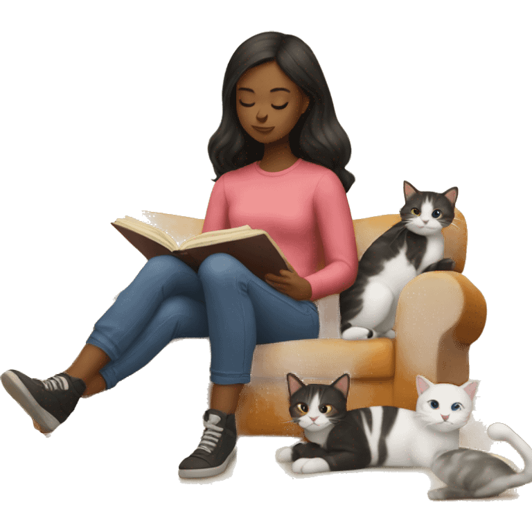 Girl reading book on couch with cats emoji