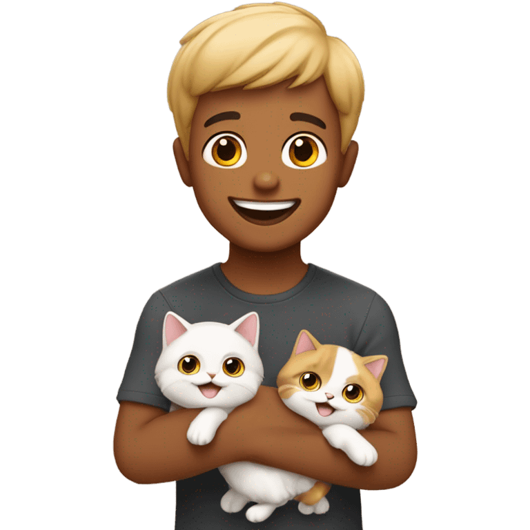 happy boy with two calico persian cats on his hands emoji