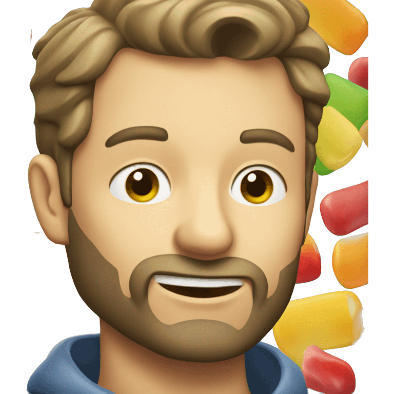 A Caucasian man eating gummies emoji