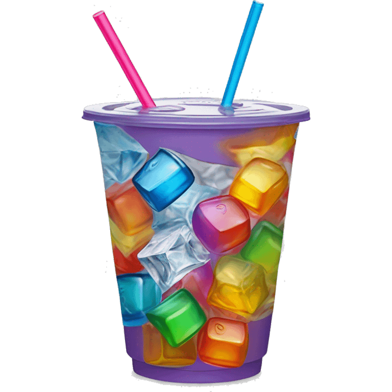 Realistic plastic cup and lid with colored soda and large ice cubes inside and colorful straw poked through the top of the lid. emoji