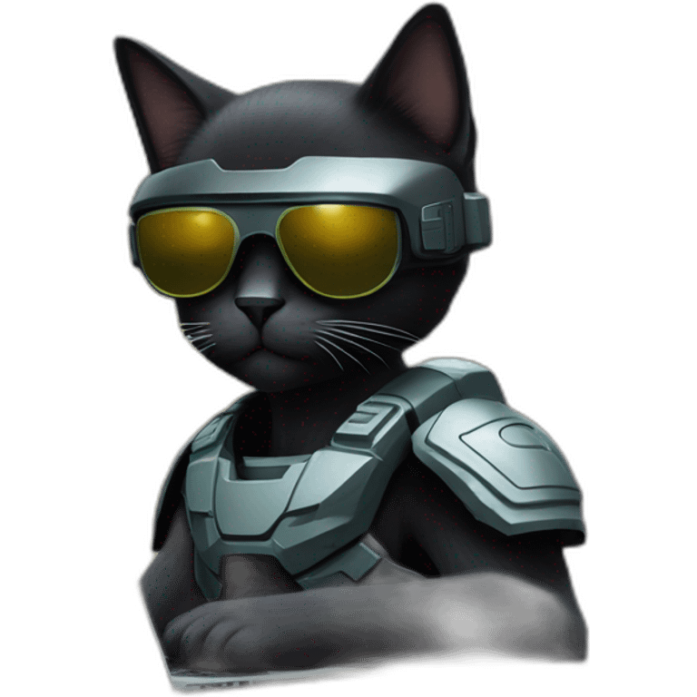 black cat with dark sunglasses typing on a Mac laptop inspiration Halo master chief, shown waist up emoji