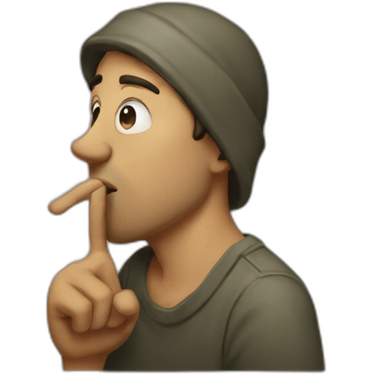 A guy with his finger in his mouth making the silence sign emoji