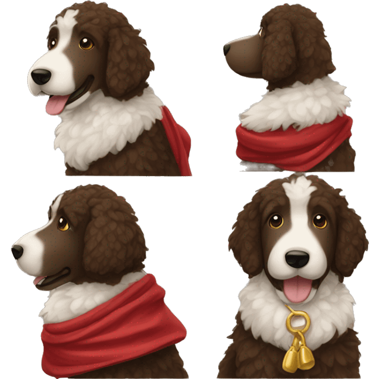 A furry dark brown with white golden doodle in a red scarf emoji