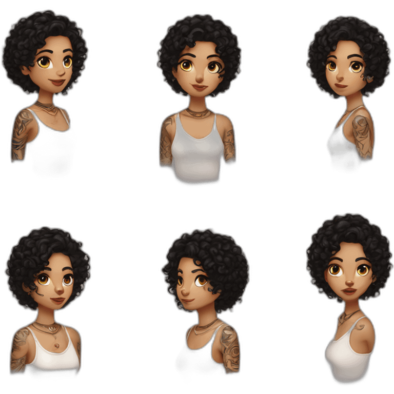 white girl short, dark curly hair, septum earring, indian style, tattoos emoji