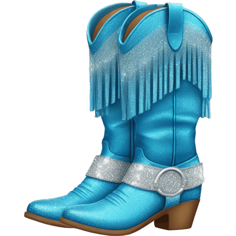 Realistic blue fashion cowgirl boots with sparly shiny glitter fringe on them. emoji