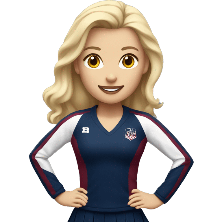 cheerleader with blonde hair and a navy blue, white and burgundy uniform emoji