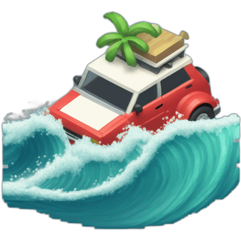 A small car surfing a big wave in pixel art emoji