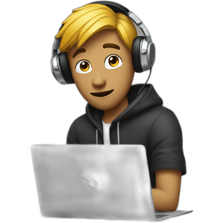 Dj guy before a laptop holding his headset with one hand emoji