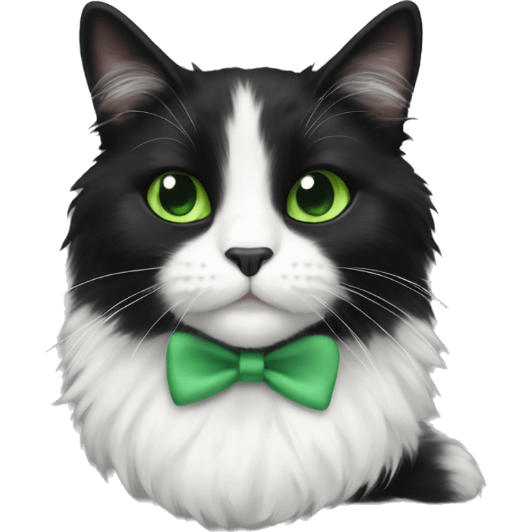 Black and white tuxedo cat fluffy, very cute with green eyes emoji