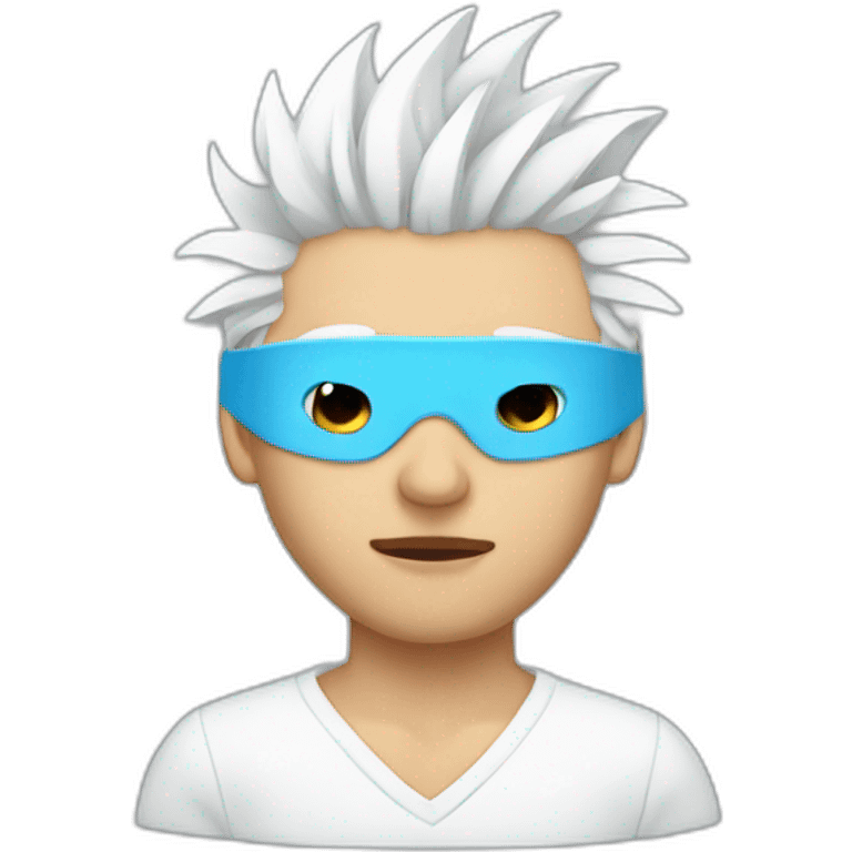 Man with blindfold and white spiky hair wearing white sweater with light blue eyes emoji