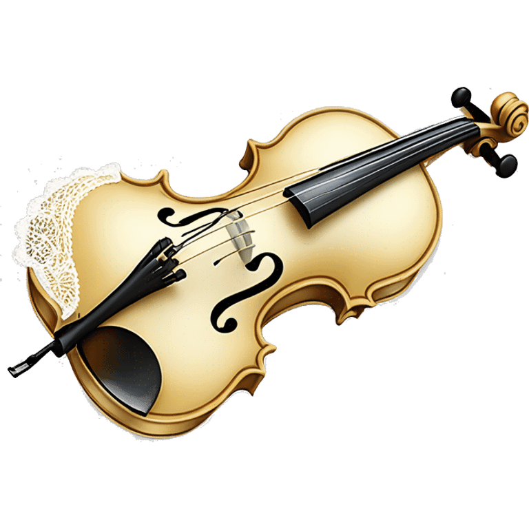 Rococo white and gold violin with a lace bow around the violin neck emoji