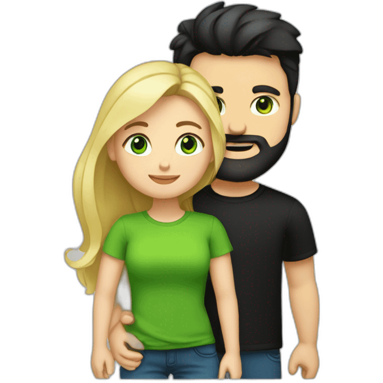 A blond chubby girl with blue eyes and black haired and bearded man with green eyes. The man wears a black t-shirt emoji