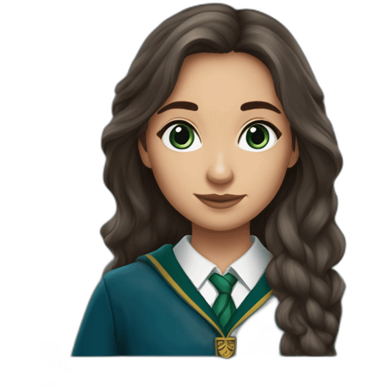 Fille brune cheveux long  aux yeux bleu clair  de peau avec une tenue de la maison serpentard dans Harry potter emoji