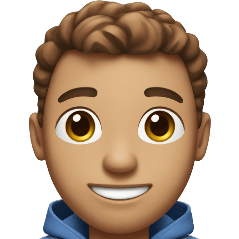 A digital 3D emoji-like face with brown hair, a small mole under the right eye, wearing white earbuds, and smiling. The character is wearing a dark blue hoodie and a black Nike crossbody bag. The background is a gradient light blue. emoji