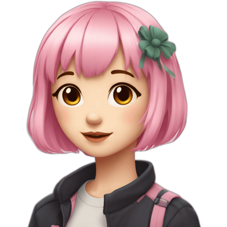 Cute anime girl with pink hair wearing and with light makeup and short hair and bangs emoji