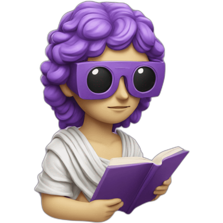 an EMOJI OF A ancient young greek statue reading a book, wearing VR glasses, purple colors, DIGITAL UNIVERSE emoji