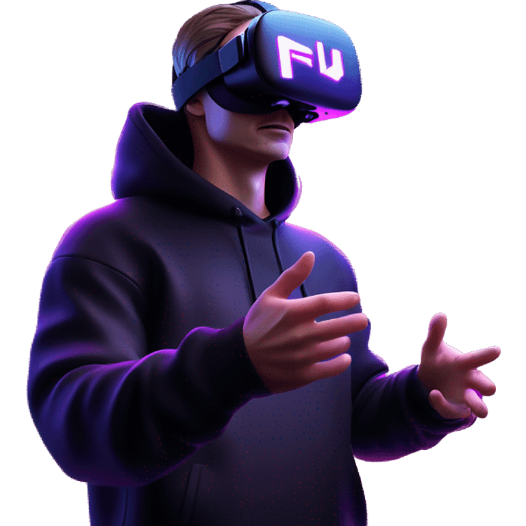 Russian man wearing a black hoodie with "OMG" letters on it and VR headset oculus quest 2 in a cyberpunk VR environment with violet neon lighting. Showing direction with hand emoji